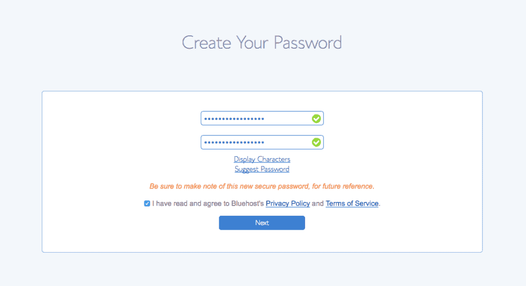 How to start a blog : Bluehost account password creation page