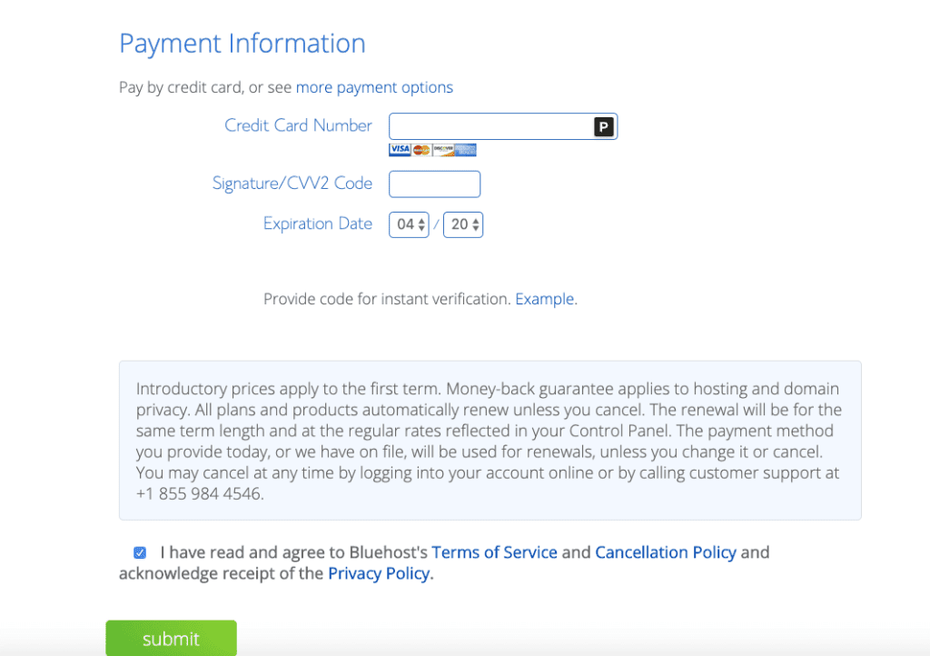 How to start a blog : Bluehost payment information page