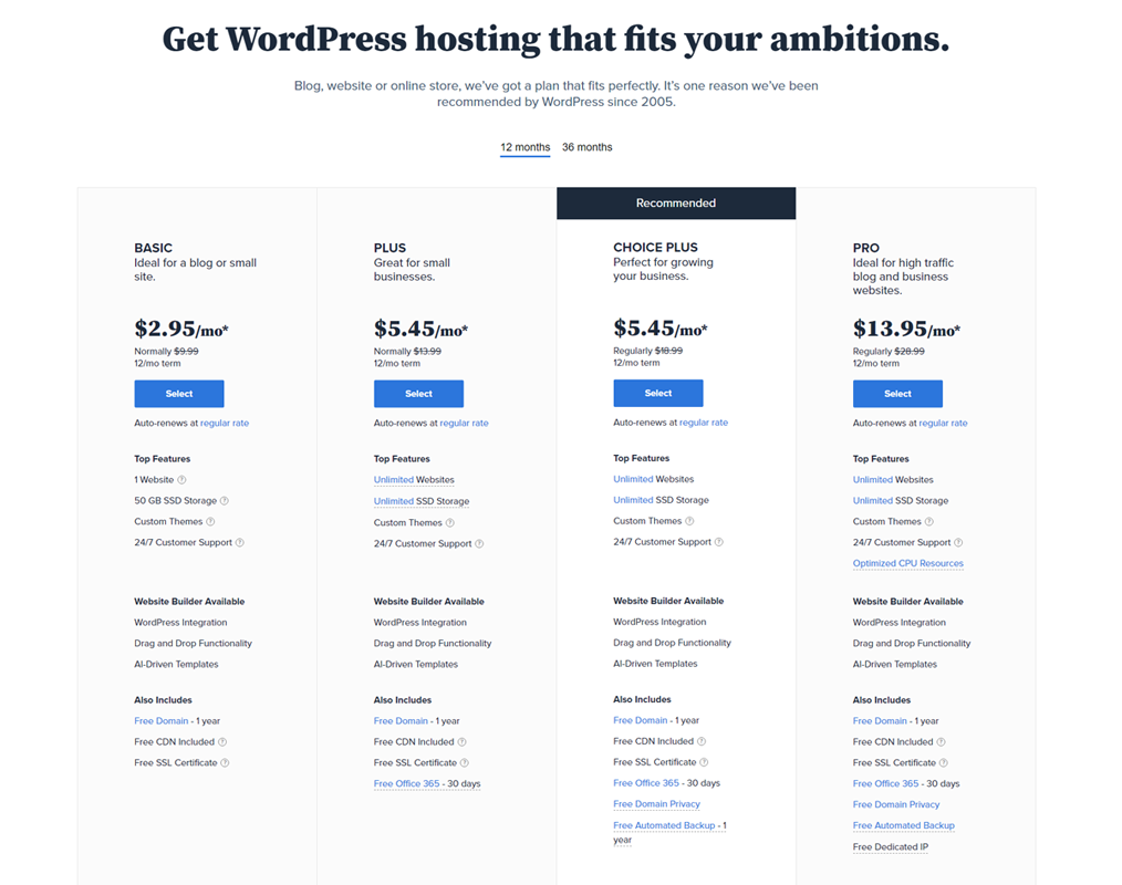 Bluehost wordpress hosting pricing table best wordpress website hosting