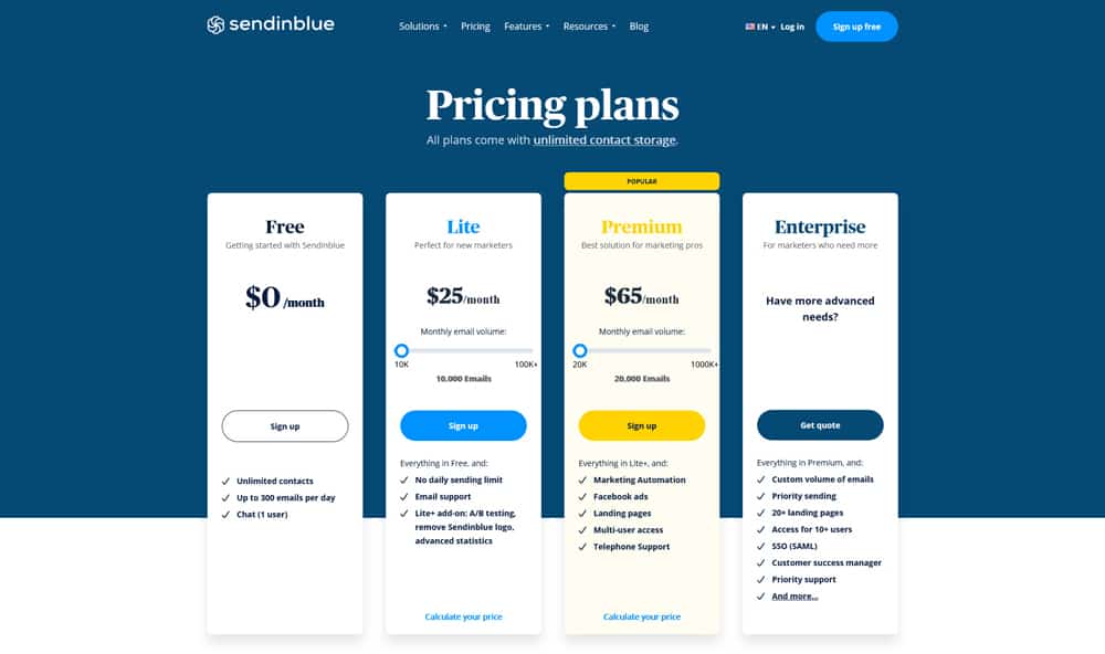 sendinblue review pricing