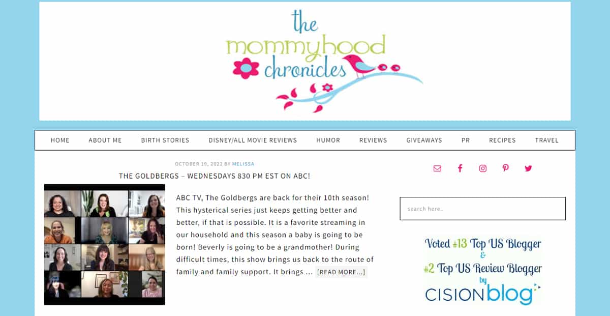 A home page screenshot of a parenting blogging niche
