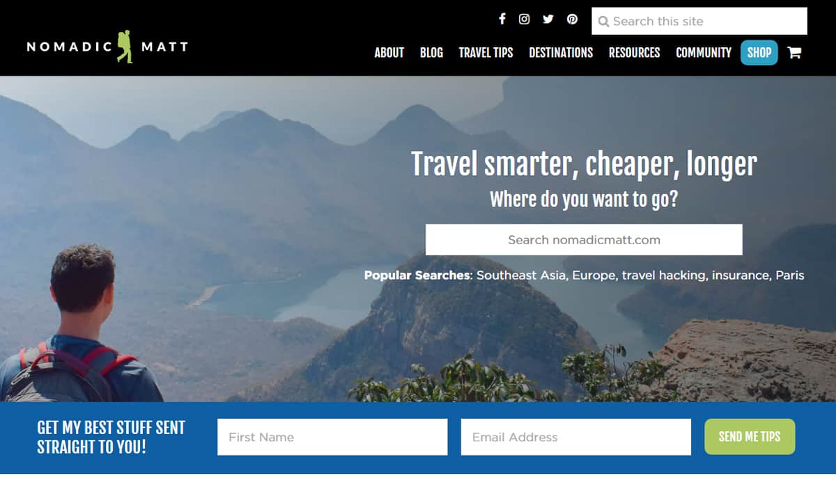 A home page screenshot of a travel blogging niche