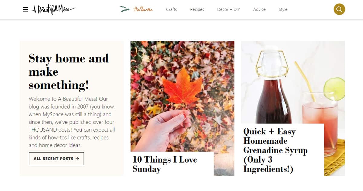A home page screenshot of craft and diy blogging niche