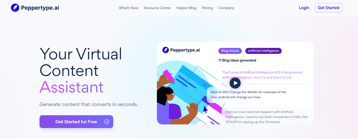 A screenshot of Peppertype ai home page
