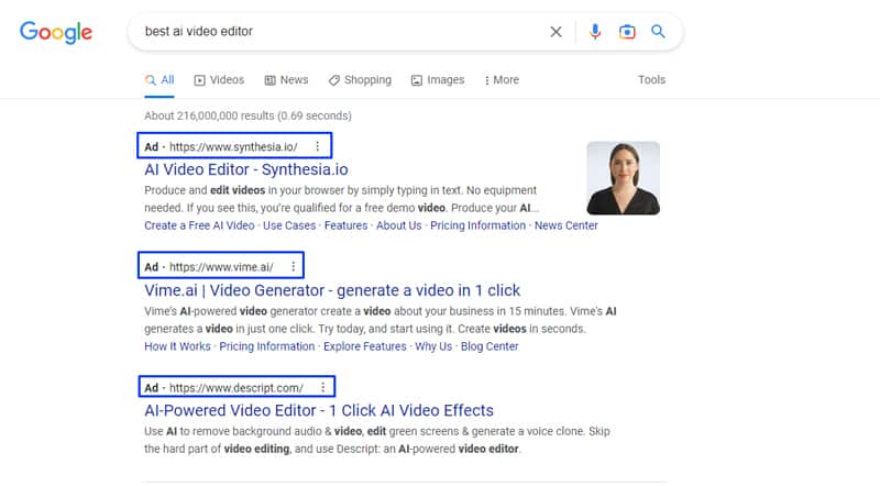 Ads in Google search results on best ai video editor screenshot