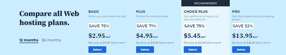 bluehost basic hosting plans